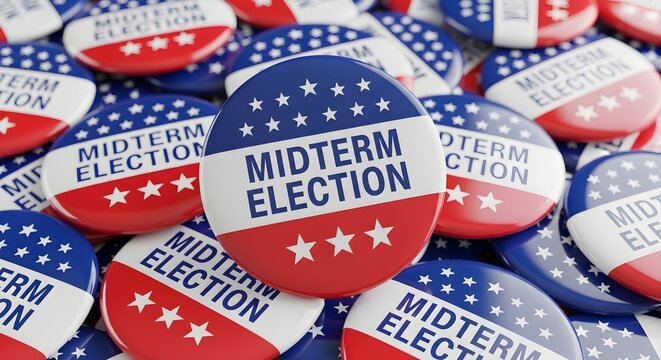 Many midterm election campaign buttons with stars and stripes fill the frame in a patriotic display.