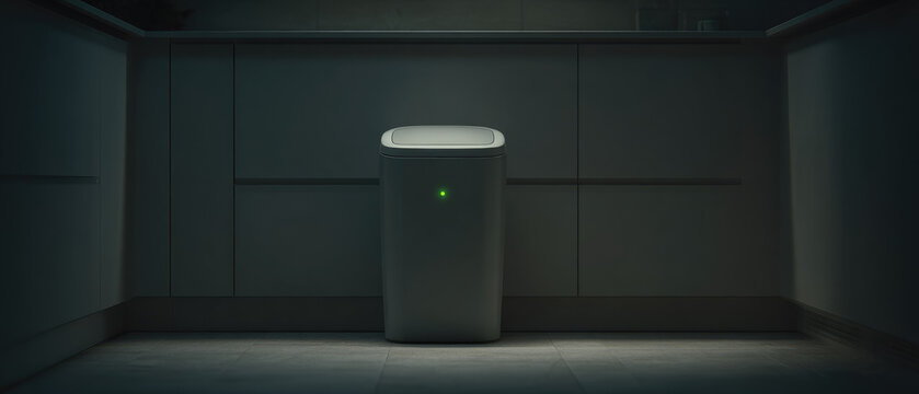 Smart compost bin in modern kitchen with glowing green indicator light, showcasing innovative waste management and eco friendly technology for sustainable living