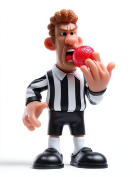Referee biting red ball in striped uniform on white background