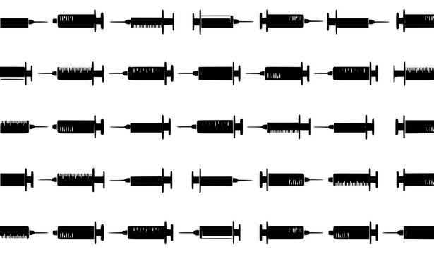 Black Syringe Seamless Pattern Vector with Medical Injection Icons for Vaccine and Healthcare Design