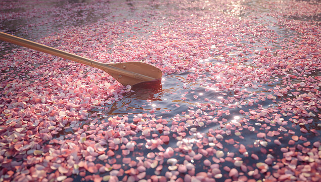 春の観光水路で散り桜の水面をオールが掻き分ける美しい季節の風景
