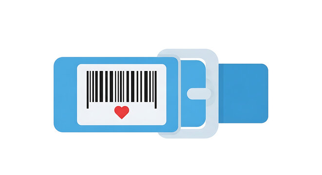 Crafting a unique connection blue barcode tag featuring a heart symbol, securely fastened on a strap, symbolizing personal identification and heartfelt associations