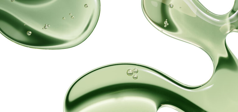 Abstract transparent green liquid fluid waves and bubbles isolated on white showcasing pure aloe vera moisturizing gel essence for organic cosmetics advertising natural skin care layouts