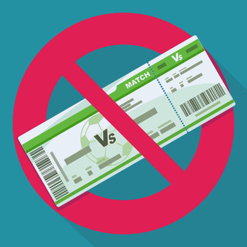 Red prohibition sign over football entry pass representing game cancellation, postponement, suspension, or tickets sold out for sporting event and tournament (flat design)