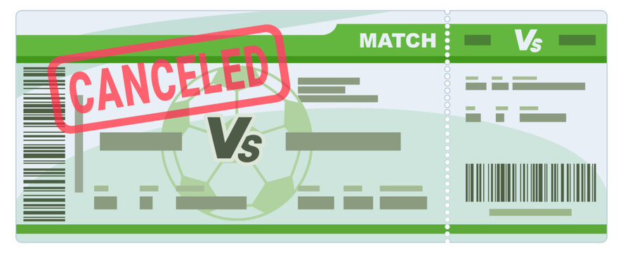 Flat design football ticket with red canceled stamp representing game suspension, event cancellation, and refund policy for sports tournament (cut out)