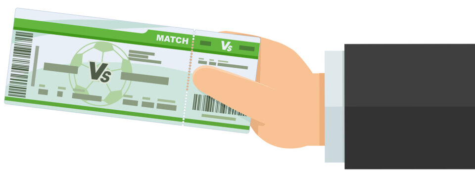 Businessman hand holding football entrance pass for stadium access, ticket sale, sporting event attendance and championship tournament admission (cut out,flat design)