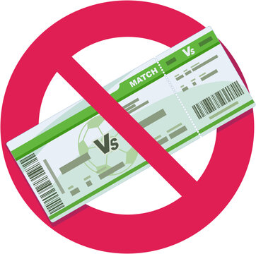 Red prohibition sign over football entry pass representing game cancellation, denied access, invalid ticket, or sold out sporting event tournament (cut out, flat design)