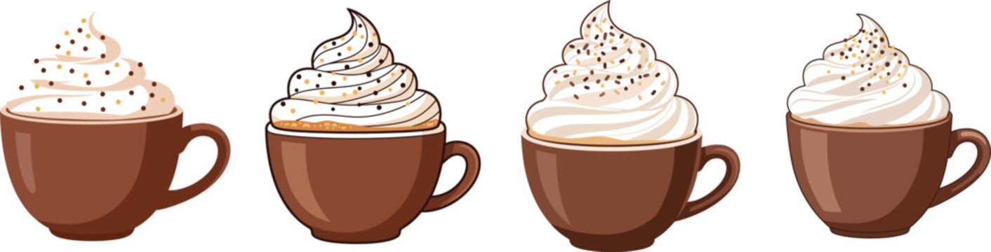 Four brown ceramic coffee mugs with whipped cream and steam on a transparent background