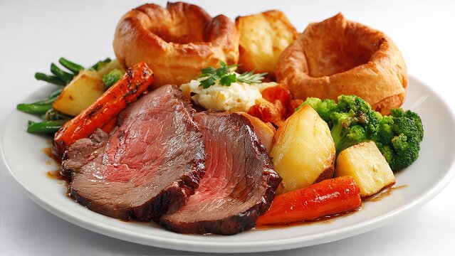 A mouth-watering traditional British roast beef dinner, complete with golden Yorkshire puddings, crispy roasted potatoes, and vibrant vegetables.