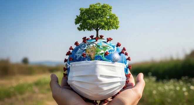 Earth with mask and tree held in hands symbolizing environmental recovery.