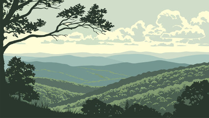 Atmospheric valley view with forest silhouettes and layered hills. Ideal for nature background, hiking adventure poster, outdoor website banner, travel illustration, and calm scenery art. © Tamar