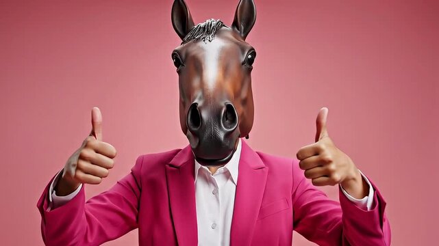 April Fools Day Funny Horse Head Man in Pink Suit Giving Thumbs Up on Pink Background