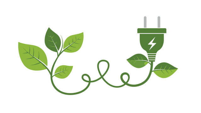 Concept illustration of a green power plug with a lightning symbol connected by a leafy vine, representing renewable energy and eco-friendly electricity solutions.