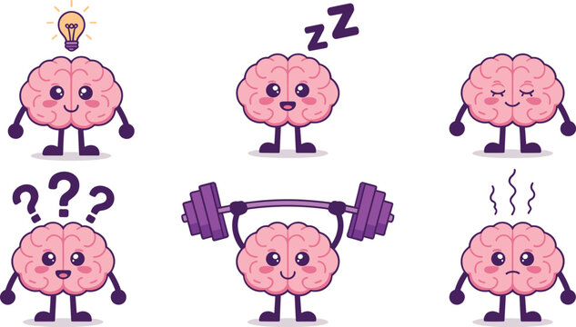 Cute pink brain cartoon character set with different emotions and activities representing mental health training and psychology concepts,