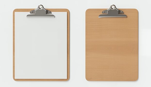 Two wooden clipboards with metal clips on gray background office supplies