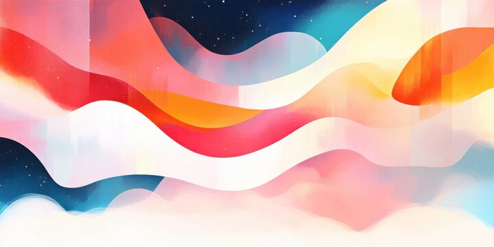 Abstract colorful waves in sky with stars and soft gradient. Modern art background blending vibrant hues creating dreamy atmosphere