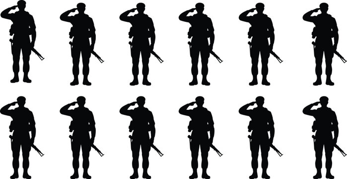Military soldier saluting silhouette set with army personnel in uniform holding rifle for veterans day memorial concepts,