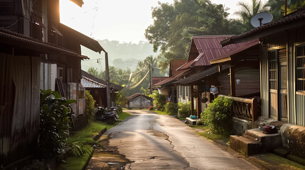 Fototapeta premium Peaceful rural village street with traditional wooden houses in warm morning sunlight. Quiet countryside neighborhood surrounded by lush greenery and tropical trees