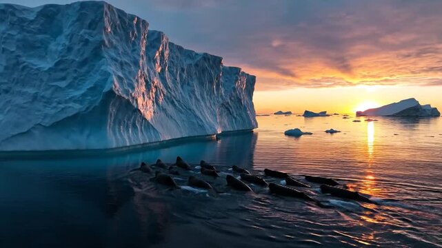 Pod of Narwhals Swimming Past Colossal Iceberg at Sunset
