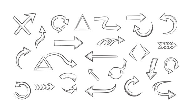 Handdrawn black and white directional arrow set with various styles and shapes arrows