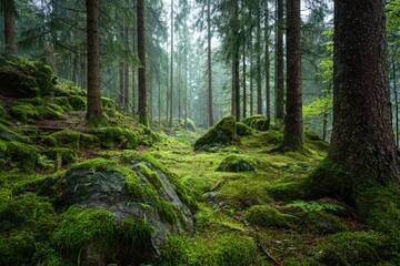 Fototapeta premium Enchanted Forest Path Covered in Lush Green Moss and Towering Trees.