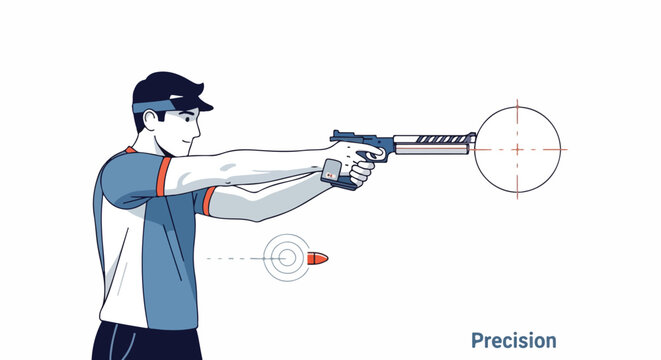 Illustration of a person aiming a pistol at a target, with a bullet