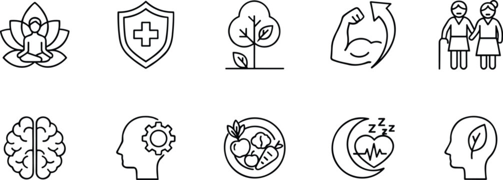 Flat vector icon set for longevity wellness and healthy lifestyle featuring mindfulness symbols medical icons and nature elements.