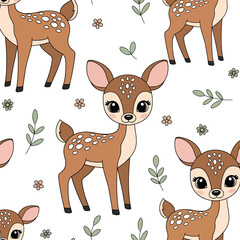 Naklejka premium Seamless Pattern of Adorable Cartoon Fawns with Woodland Elements on White Background Vector Illustration