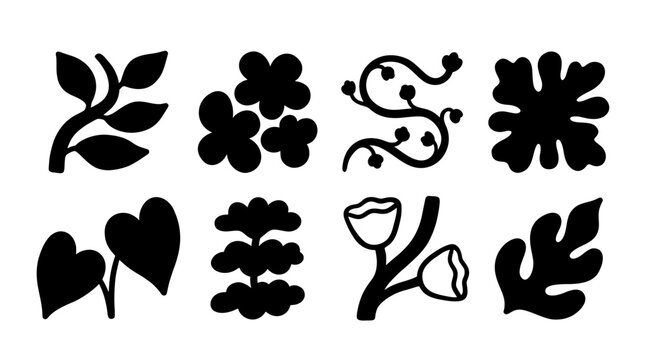 Collection of bold hand drawn minimal botanical elements. Set features black leaf, vine, and floral vector silhouettes for abstract graphic design