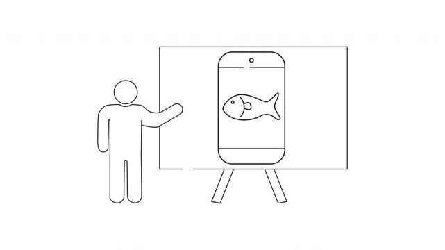 Presentation of Fish Product on Easel - Outline Illustration.