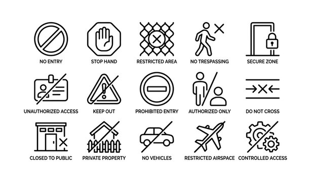 Icon set of prohibited and restricted access signs in line art style