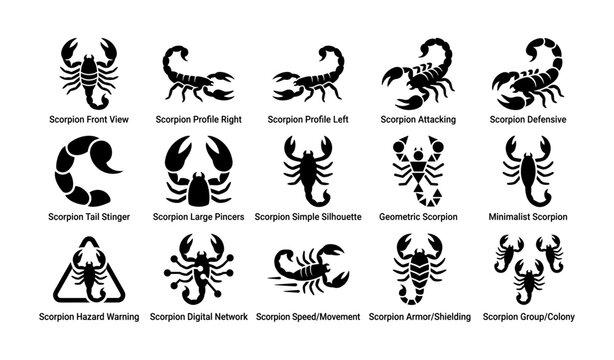 Vector icons of scorpions in various poses and styles