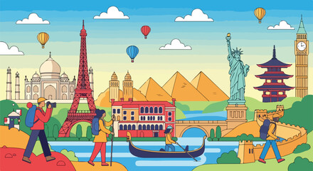 Illustration of global landmarks and travelers © Umia
