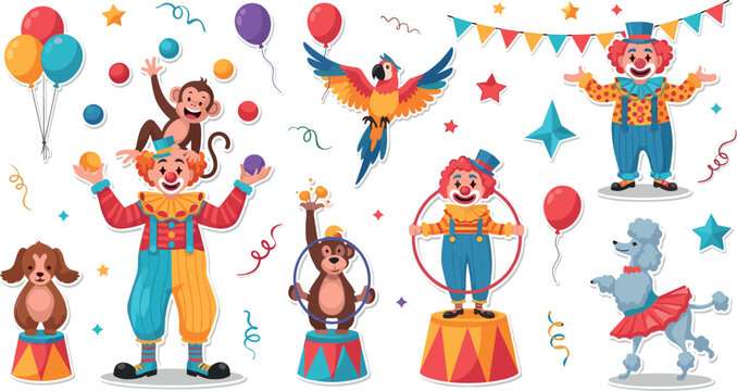 Fun Circus Performance Collection with Clowns, Animals, and Colorful Balloons