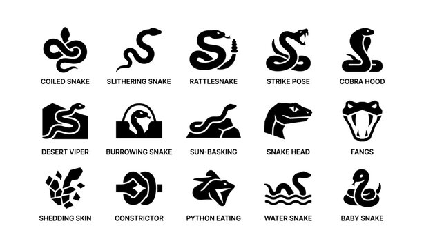 Variety of snake illustrations: different species and behaviors