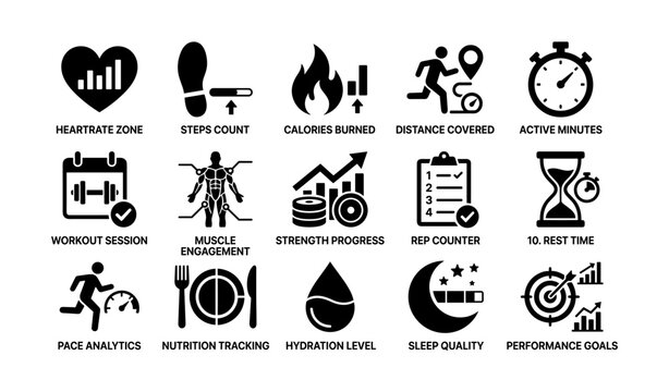 Fitness tracking icons set illustrating exercise metrics and health goals