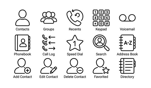 Mobile phone interface icons: contacts, groups, call log, address book