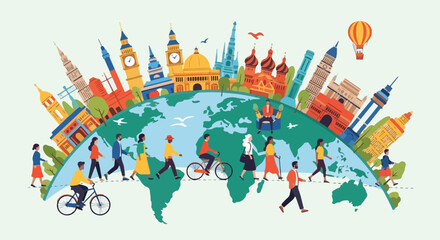Illustration of people and iconic buildings from around the globe © Umia
