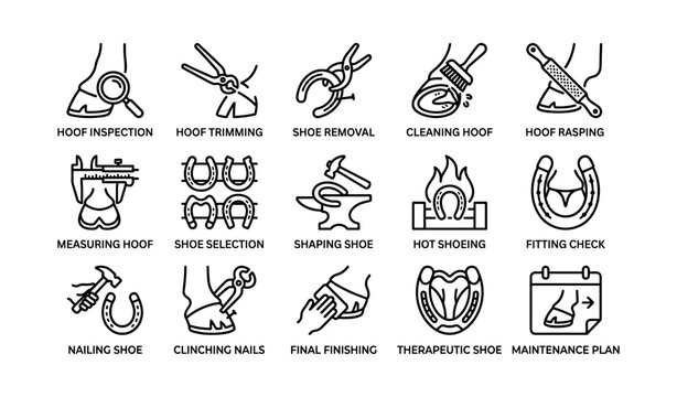 Horse hoof care icons set for farriers including tools and techniques