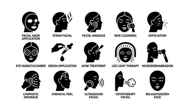 Skincare treatments icons: facial mask, exfoliation, led therapy