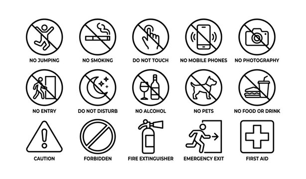 Compilation of prohibition and safety signs with icons and symbols