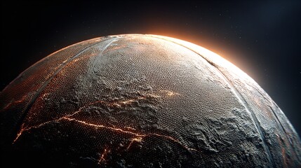 Fototapeta premium Abstract macro shot of a basketball with glowing fiery cracks and texture