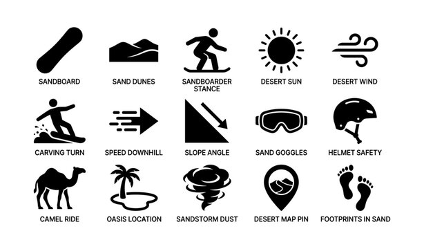 Sandboarding and desert adventure icons with equipment and camel ride elements