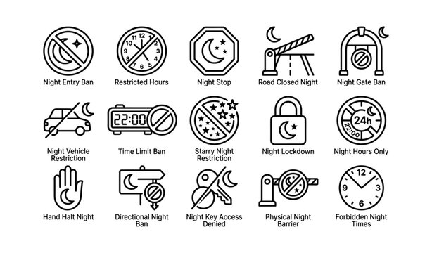 Nighttime access restrictions icons: entry ban, restricted hours, vehicle limit, lockdown