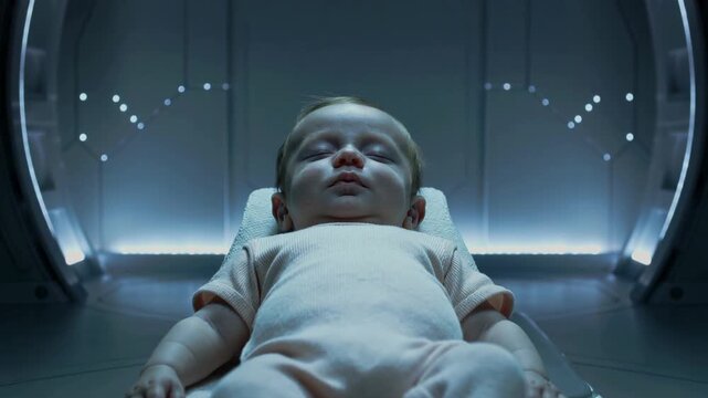 A serene baby lies on a futuristic medical pod, exuding a sense of calmness and advanced technology.
