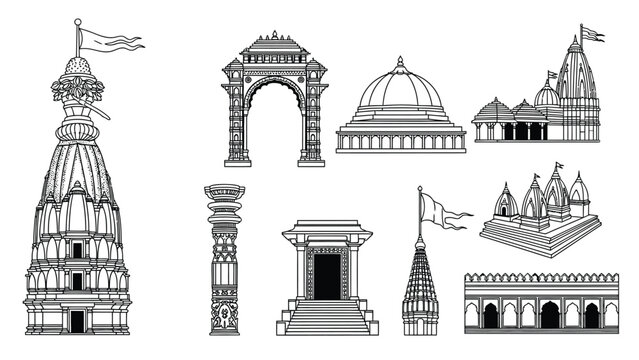 Hindu temple architecture vector icons set of indian cultural heritage and religious buildings.