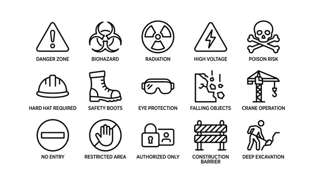 Safety symbols for workplace hazards and precautions