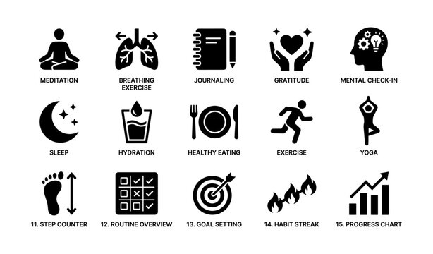 Icons depicting wellness activities: meditation, breathing, exercise, journaling, gratitude, mental health