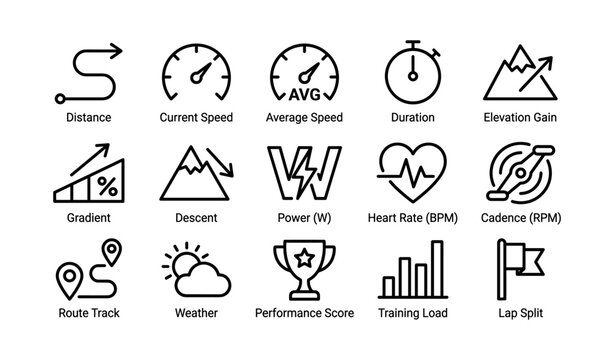 Fitness tracking icons: speed, duration, elevation, heart rate, cadence