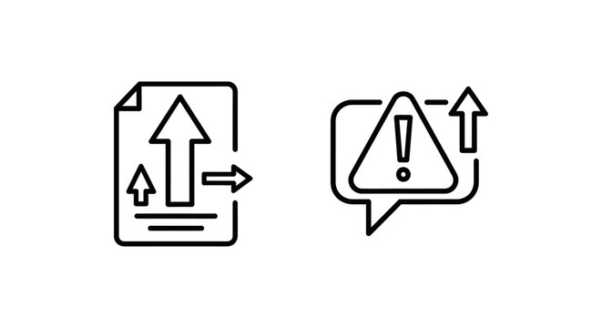 Ticket escalation and alert process icons: document with upward arrow and speech bubble with alert symbol indicating process management and urgent notification handling